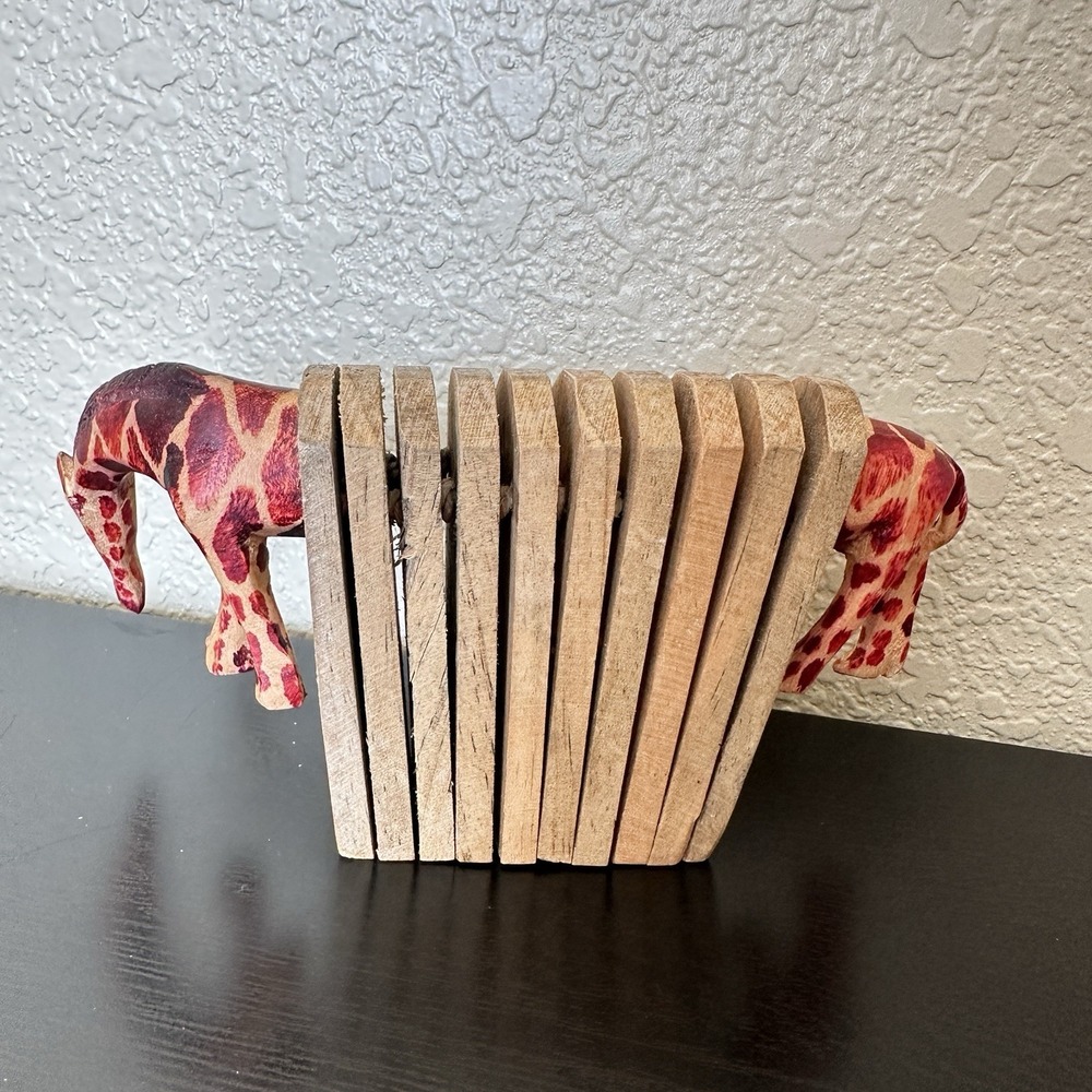 Vintage Carved Giraffe Wooden Napkin Card Holder Accordion‎ ???